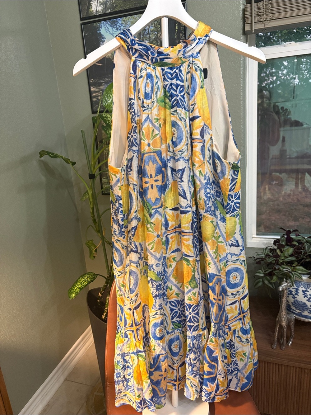 MSK Blue, Yellow & Cream Tile-Print Midi Sundress